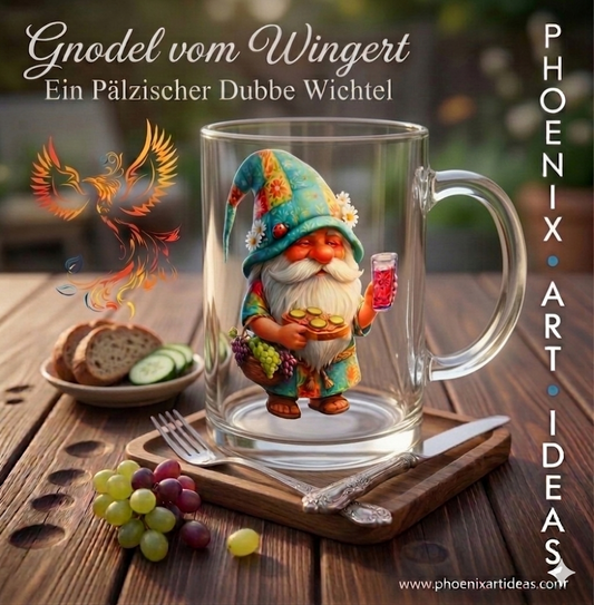 Eine gläserne Tasse mit dem Motiv „Gnodel vom Wingert – Ein Pfälzischer Dubbe Wichtel“, der ein Dubbeglas und Trauben hält. Die Tasse steht auf einem Holzbrett neben frischem Brot, Gurkenscheiben und Weintrauben. Weißherbst