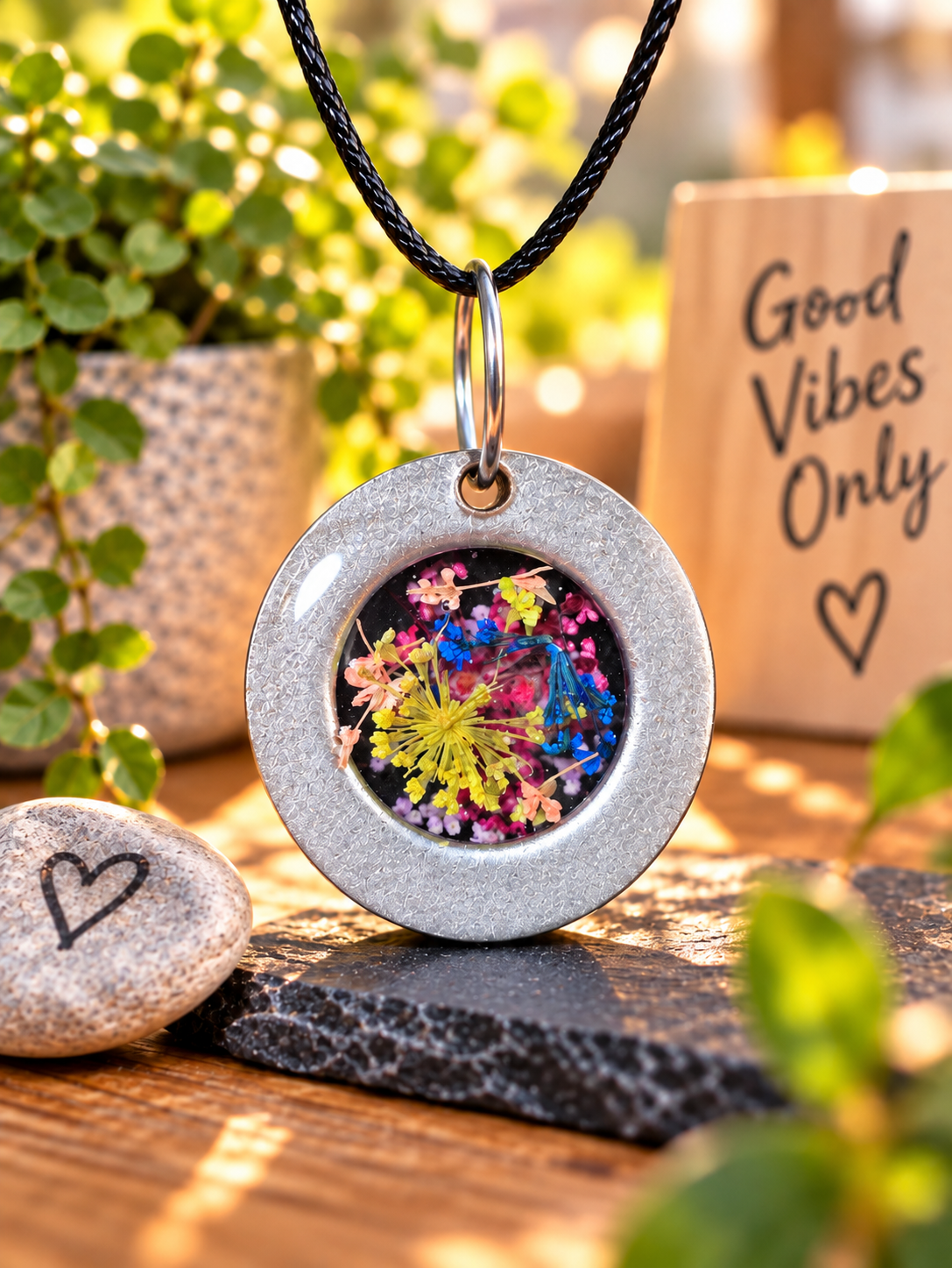 Blumenanhänger farbenfroh – Lovely Washer Schmuck Anhänger mit echten Blüten in Epoxidharz