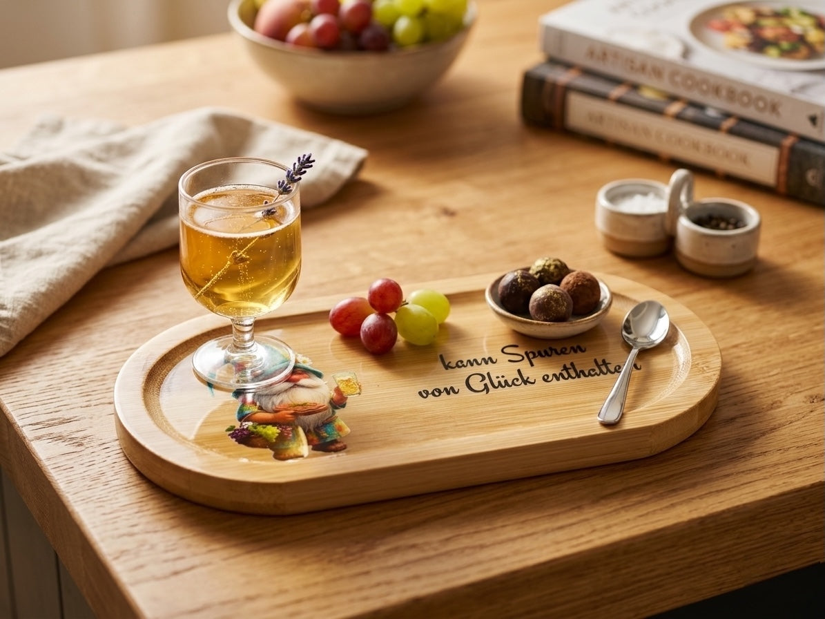 Anwendungsbeispiel für das Pfälzer Deko-Tablett aus Bambus: Servier-Idee mit einem Glas Wein, Weintrauben und Pralinen auf einem Küchentisch. Hochwertiges Pfälzer Dubbe- Wichtel-Motiv mit glänzender Hartharz-Veredelung. Süße, besondere Geschenkidee aus Rheinland-Pfalz