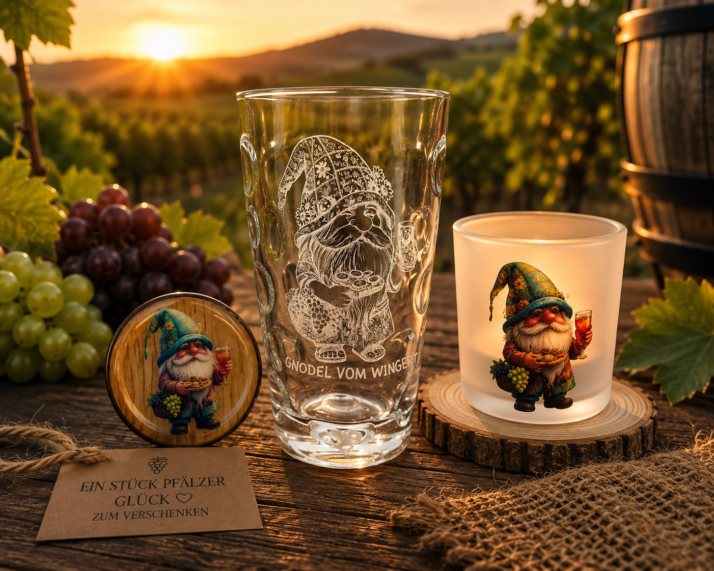 Pfälzer Geschenkset mit graviertem Gnodel vom Wingert Dubbeglas, Windlicht mit Pfälzer Glücksbringer und handgefertigtem Holzmagnet – originelle Geschenkidee aus der Pfalz für Weinliebhaber und Genießer.