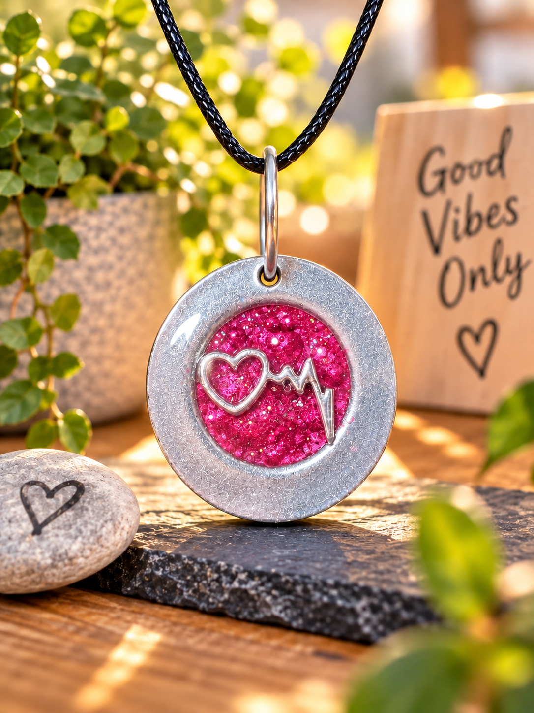 Herzschlag-Anhänger pink – Lovely Washer Schmuck Anhänger mit Herz und Lebenslinie
