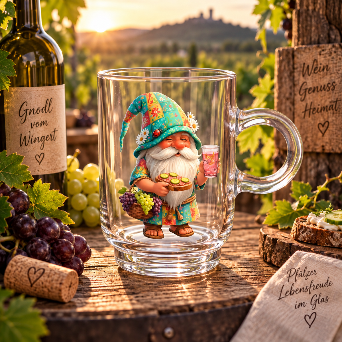 Eine gläserne Tasse mit dem Motiv "Gnodel vom Wingert" – ein Pfälzer Dubbe Wichtel mit buntem Blumenhut, Weintrauben und Vesperbrettchen. Die Tasse ist mit einem rosé-farbenen Getränk gefüllt und steht vor einer Weinberg-Kulisse bei Sonnenuntergang.