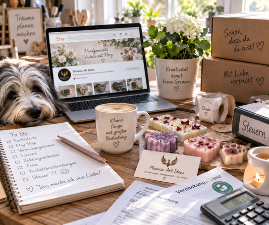 Ein grau-weißer, zottelig behaarter Hund liegt neben einem Laptop mit geöffnetem Etsy-Shop auf einem Schreibtisch, umgeben von einer handschriftlichen To-Do-Liste, einer Kaffeetasse, kleinen Herzseifen und einer Visitenkarte von Phoenix Art Ideas.