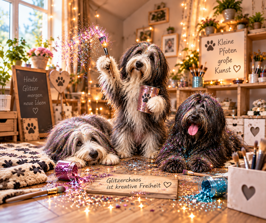 3 Hunde die mit Glitzer überhäuft sind und liebevoll für Chaos sorgen