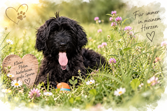 Ein schwarzer, langhaariger Hund liegt mit herausgestreckter Zunge in einer blühenden Wildblumenwiese, umrahmt von einer Grafik mit Herz- und Pfotensymbolen und dem Schriftzug 'Für immer in meinem Herzen' und 'Kleine Pfoten hinterlassen große Spuren'.