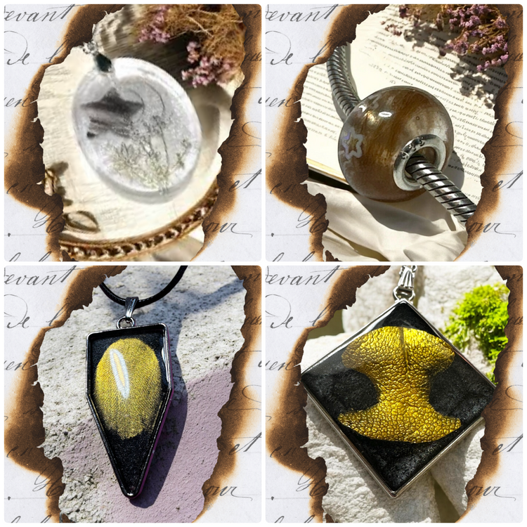 Vier verschiedene handgefertigte Gedenkschmuck-Anhänger aus Epoxidharz mit eingearbeiteten Tierhaaren und Fell in verschiedenen Formen wie Herz, Perle und geometrischen Schliffen.