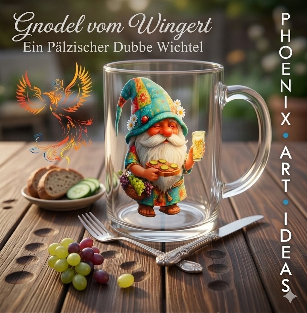 Eine Glastasse mit dem Motiv „Gnodel vom Wingert – Ein Pfälzischer Dubbe Wichtel“, gefüllt mit einem goldgelben Getränk. Die Tasse steht auf einem rustikalen Holzbrett neben Brot, Gurken und Weintrauben. Das Bild enthält zudem den Slogan-Schriftzug Riesling
