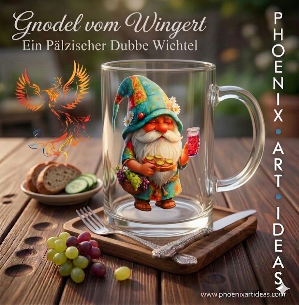 Eine gläserne Tasse mit dem Motiv „Gnodel vom Wingert – Ein Pfälzischer Dubbe Wichtel“, der ein Dubbeglas und Trauben hält. Die Tasse steht auf einem Holzbrett neben frischem Brot, Gurkenscheiben und Weintrauben. Weißherbst