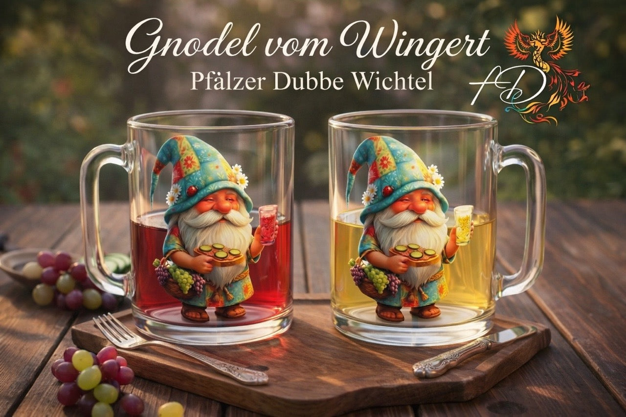 Zwei transparente Glastassen auf einem rustikalen Holzbrett, bedruckt mit dem Motiv „Gnodel vom Wingert“. Zu sehen ist ein Pfälzer Dubbe Wichtel mit buntem Hut, der Weintrauben und ein Dubbeglas trägt. Die linke Tasse ist mit Rotwein, die rechte mit Weißwein gefüllt. Im Hintergrund prangen der Schriftzug „Pfälzer Dubbe Wichtel“ 