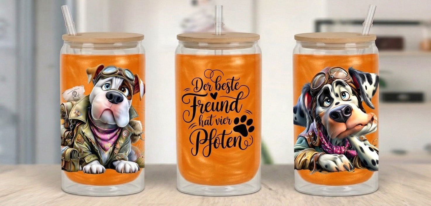 Drei Glasbecher mit Bambusdeckeln und Strohhalmen, gefüllt mit einem glitzernden orangefarbenen Getränk. Die Becher zeigen verschiedene Hundemotive: Links eine Bulldogge im Piloten-Outfit, mittig den Schriftzug „Der beste Freund hat vier Pfoten“ mit Pfoten-Icon und rechts einen Dalmatiner-Mischling, ebenfalls im Flieger-Look.