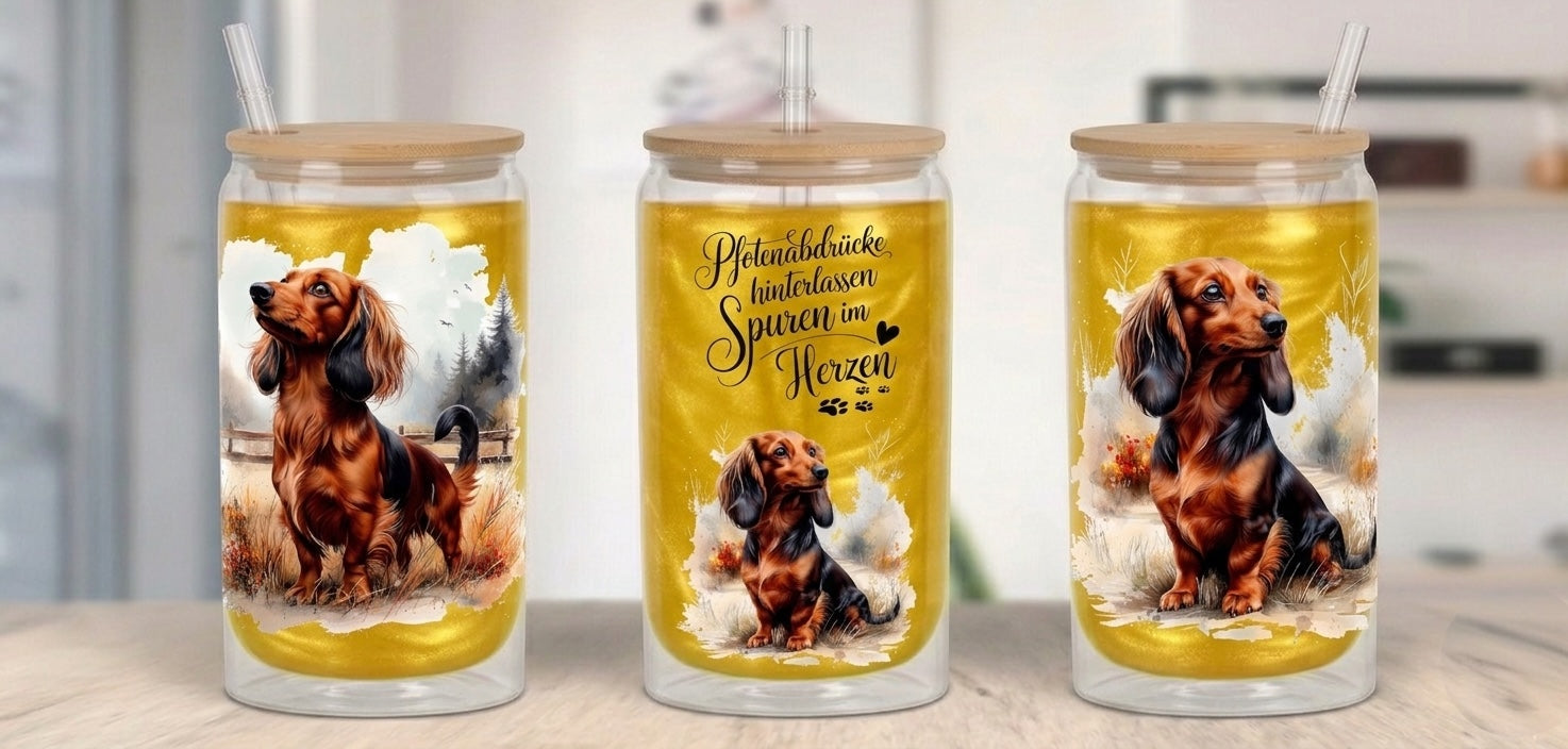 Drei Glasbecher mit Bambusdeckeln und Strohhalmen, gefüllt mit einem glitzernden gold-gelben Getränk. Die Becher sind mit Langhaardackel-Motiven im Aquarell-Stil bedruckt. Das mittlere Glas zeigt zusätzlich den Spruch „Pfotenabdrücke hinterlassen Spuren im Herzen“, kombiniert mit kleinen Herz- und Pfotensymbolen.