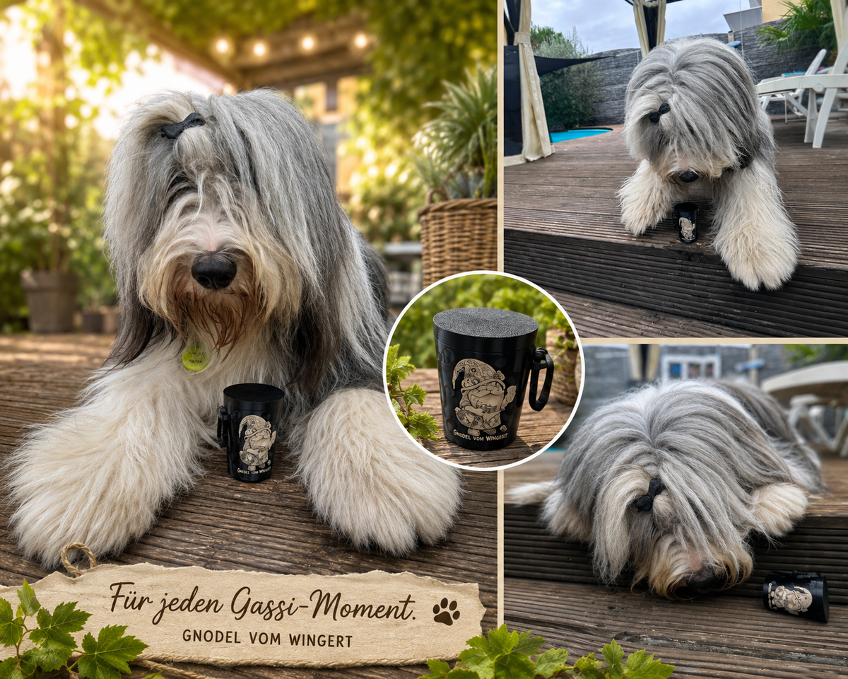 Hund mit dem Gnodel vom Wingert Kotbeutelhalter im Dubbeglas-Design, mit Karabinerhaken zum Befestigen an der Leine