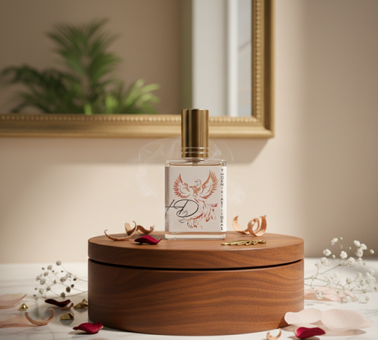 Eleganter Parfüm-Zerstäuber aus Glas auf einem runden Holzsockel, dekoriert mit zarten Blütenblättern.