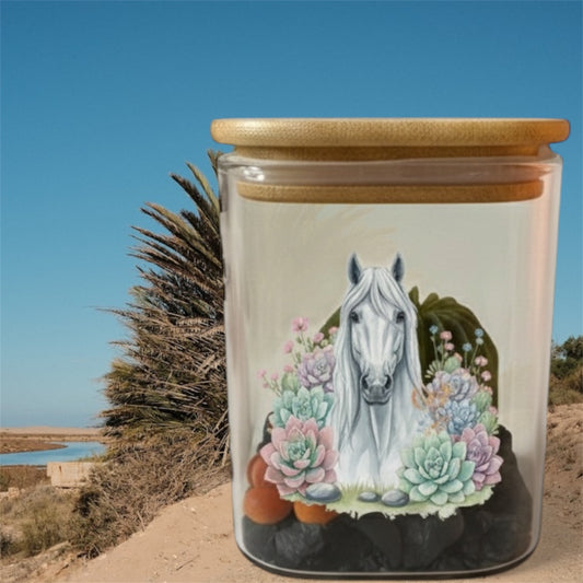 Quadratisches Duftglas mit Holzdeckel, illustriert mit einem weißen Pferdekopf inmitten von bunten Sukkulenten und Blumen.
