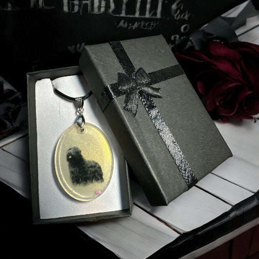 Ovaler Gedenkschmuck-Anhänger aus Epoxidharz mit der Silhouette eines Hundes "Phoenix"und eingearbeiteten Tierhaaren neben einer eleganten Geschenkbox.
