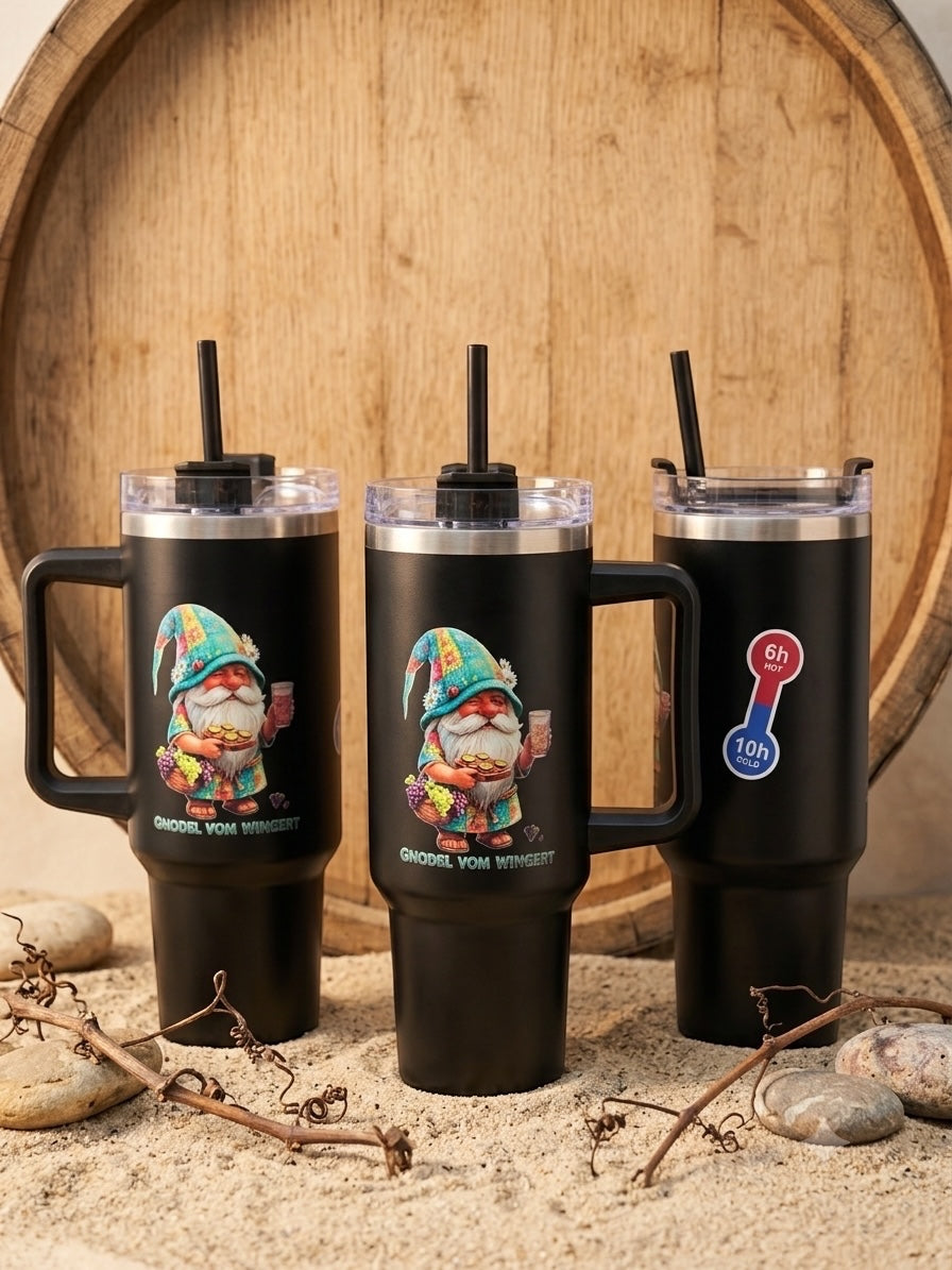 Schwarzer 1,2 Liter Gnodel Tumbler mit Gnodel vom Wingert Motiv, doppelwandiger Edelstahl-Isolierbecher von Phoenix Art Ideas