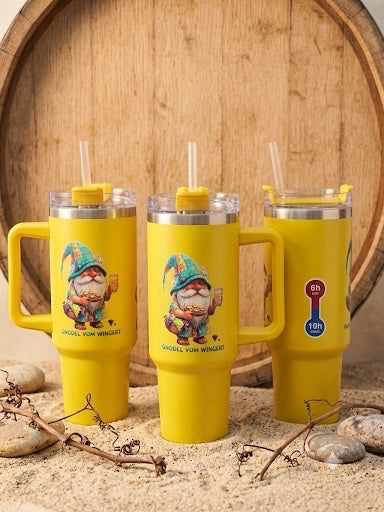 Gelber 1,2 Liter Gnodel Tumbler mit Gnodel vom Wingert Motiv, doppelwandiger Edelstahl-Isolierbecher von Phoenix Art Ideas