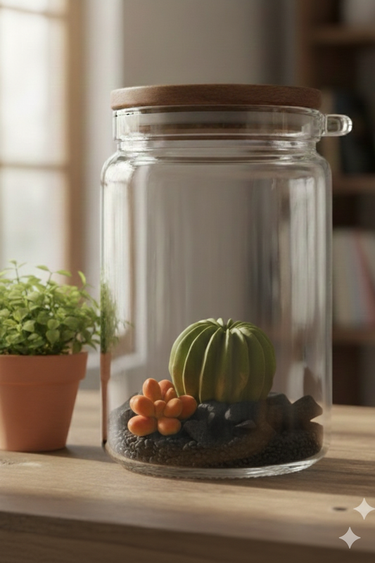 Zylindrisches Duftglas mit Holzdeckel, in dem sich ein kleiner Deko-Kaktus auf schwarzem Granulat befindet.