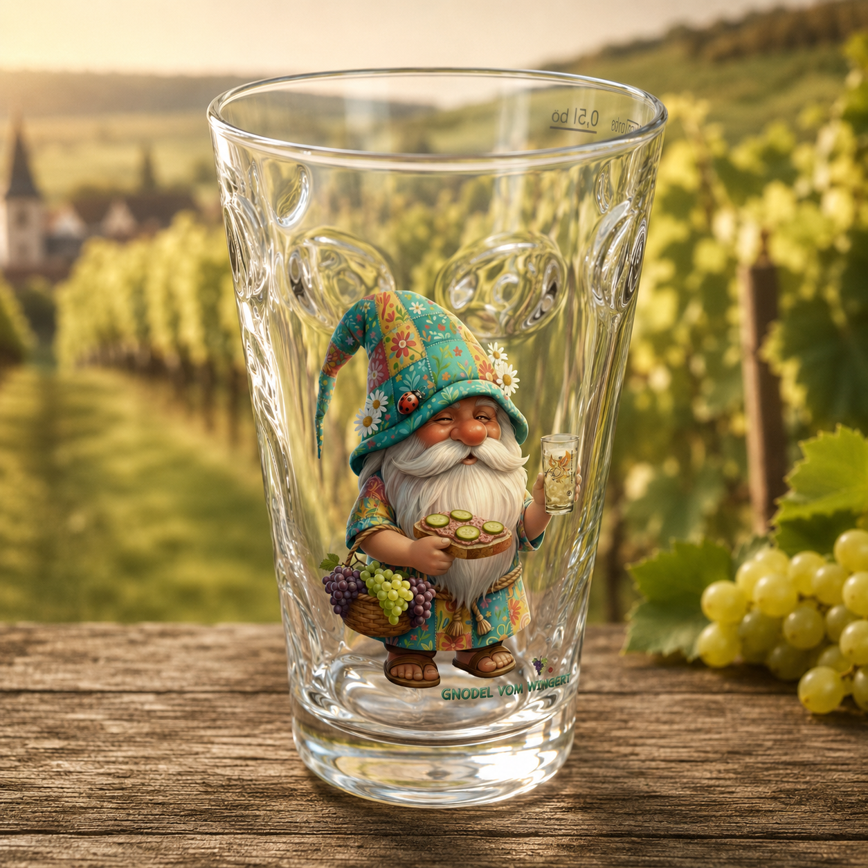 Klassisches Dubbeglas klar mit Pfälzer-Dubbe-Wichtel Gnodel vom Wingert™ Motiv Riesling
