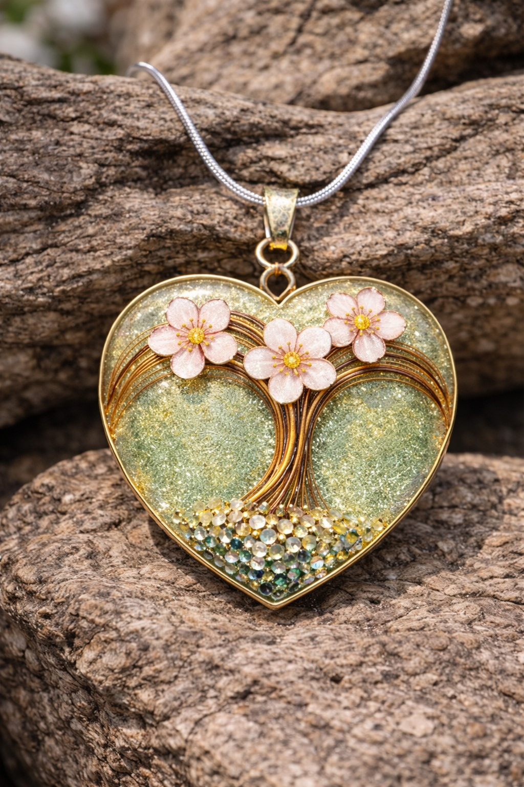 Herzförmiger Gedenkschmuck Anhänger mit Lebensbaum-Motiv, rosa Blüten und Glitzer-Füllung.