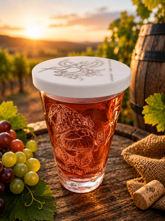 Pfälzer Dubbe Glas mit Lasergravur des Gnodel vom Wingert, gefüllt mit Roséwein vor stimmungsvoller Weinbergkulisse in der Pfalz.