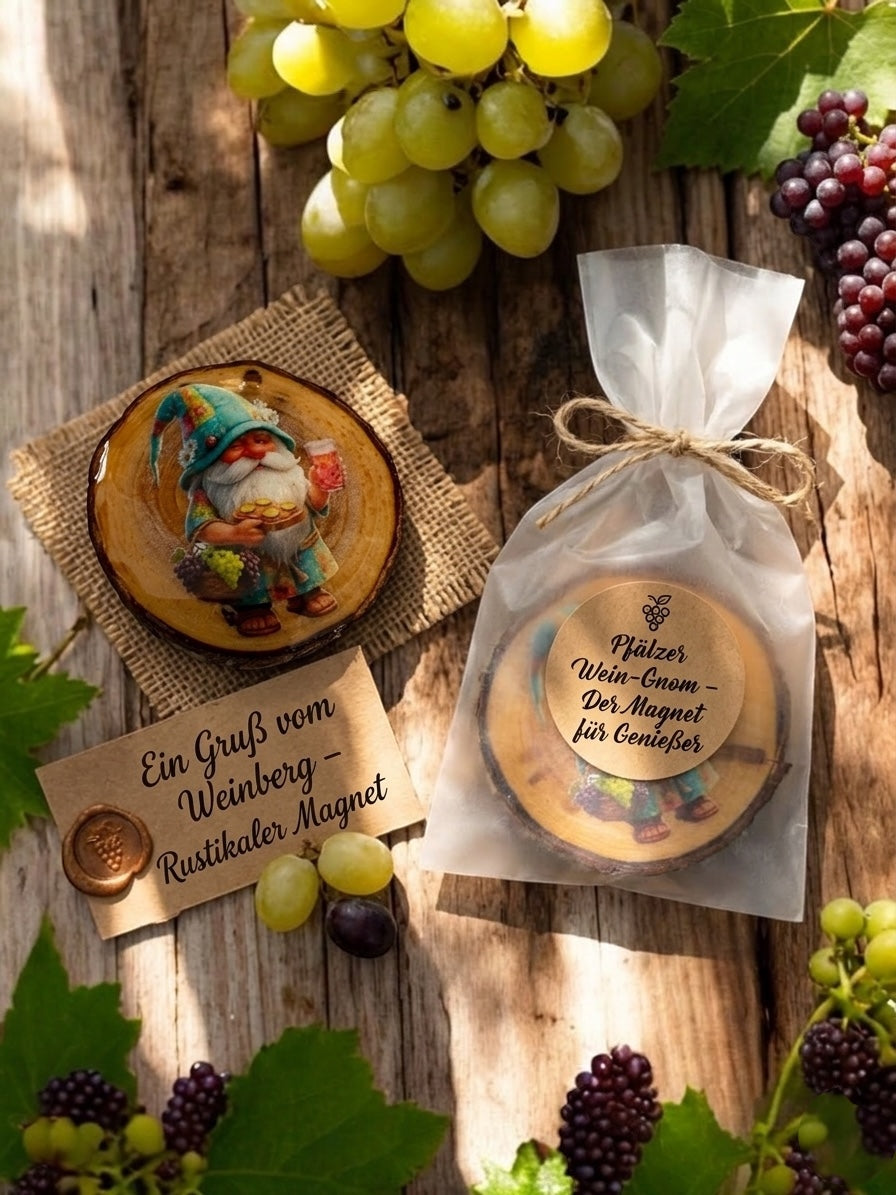 Pfälzer Wichtel Wein-Gnom Magnet auf einer Holzscheibe, präsentiert neben einer dekorativen Geschenkverpackung im Säckchen. Daneben eine Grußkarte mit dem Text 'Ein Gruß vom Weinberg – Rustikaler Magnet', umrahmt von Weintrauben und Blättern. Pfälzer Wichtel und Originelle Geschenkidee, wunderschönes Unikat