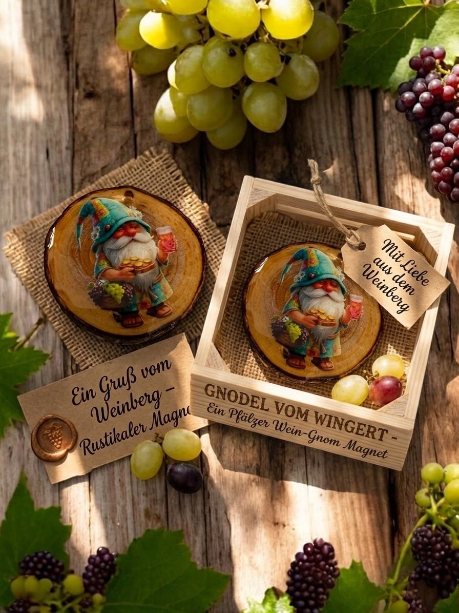 Zwei runde Holzmagnete mit einem bunten Wein-Gnom (Gnodel), präsentiert in einer Holzbox mit Weintrauben und Blättern. Text auf dem Bild: 'Gnodel vom Wingert'." Pfälzer Wichtel und Originelle Geschenkidee, wunderschönes Unikat