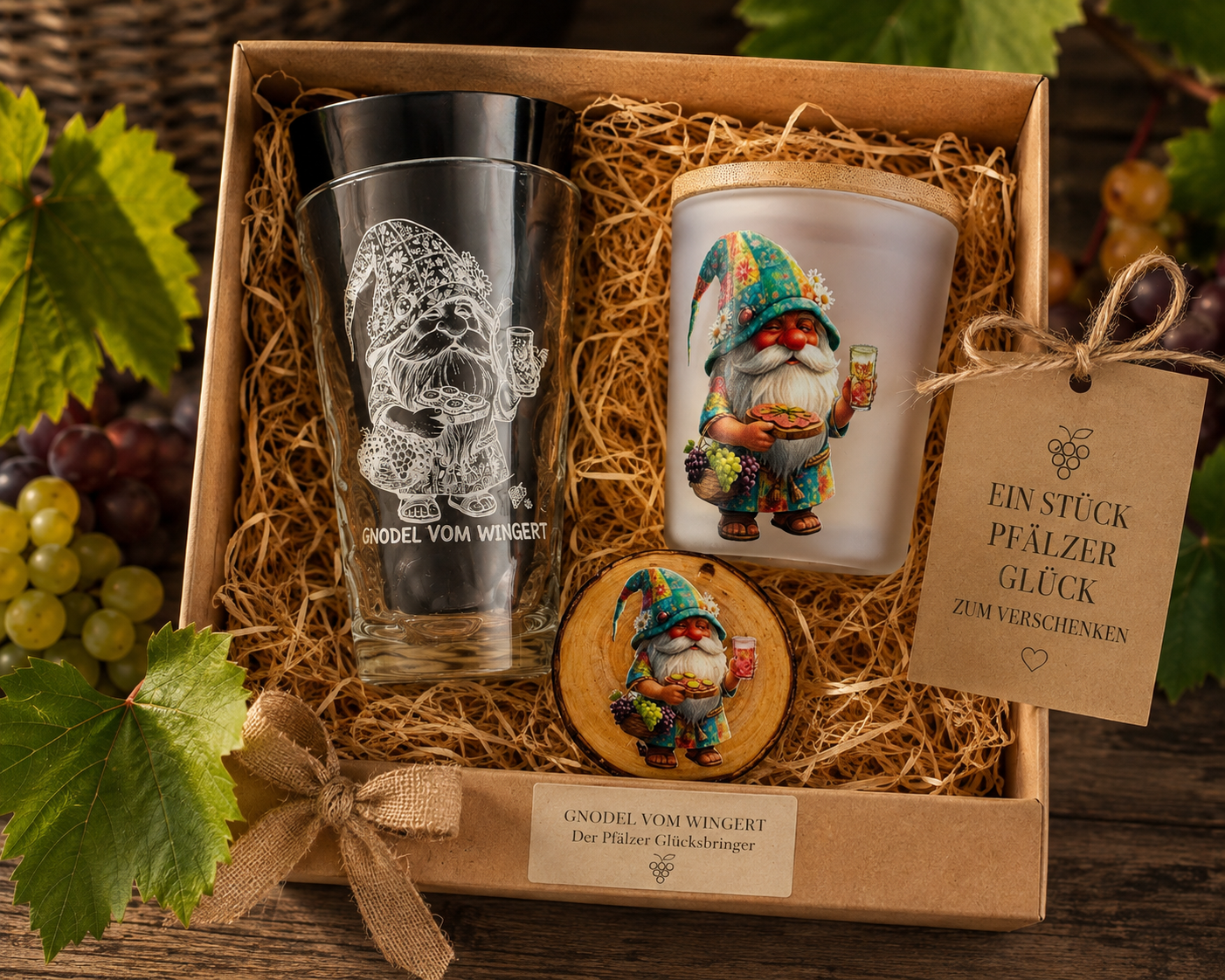 Pfälzer Geschenkset mit Gnodel vom Wingert Dubbeglas, Windlicht mit Glücksbringer-Motiv und handgefertigtem Holzmagnet – originelle Pfälzer Geschenkidee für Weinliebhaber.