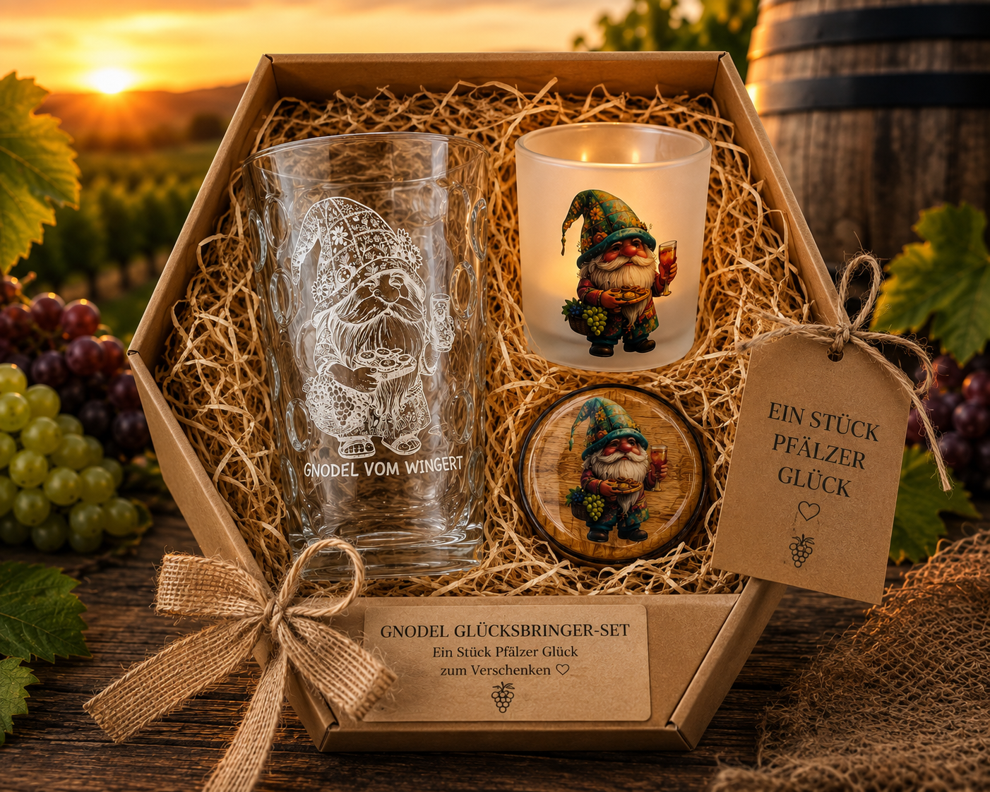 Pfälzer Glücksbringer-Geschenkset mit graviertem Gnodel vom Wingert Dubbeglas, Windlicht mit Pfälzer Wichtel und handgefertigtem Holzmagnet – liebevoll verpackte Geschenkidee aus der Pfalz.