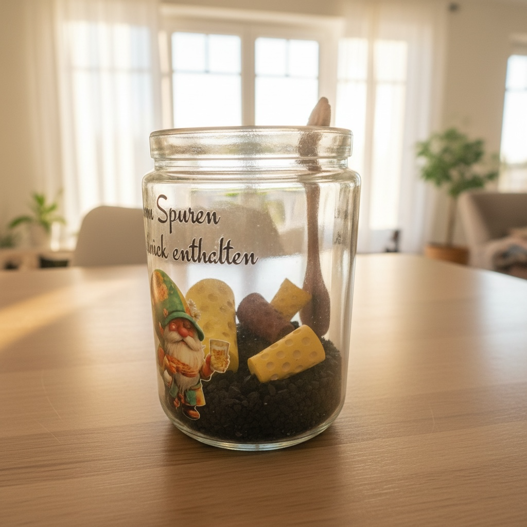 Zylindrisches Raumduftglas mit Pfälzer Wichtel-Motiv, dunkler Füllung und der Aufschrift „Du bist Dufte!“ auf hellem Holzgrund, sowie bunte Dubbegläaser. Das Unikat aus der Pfalz als Mibringsel