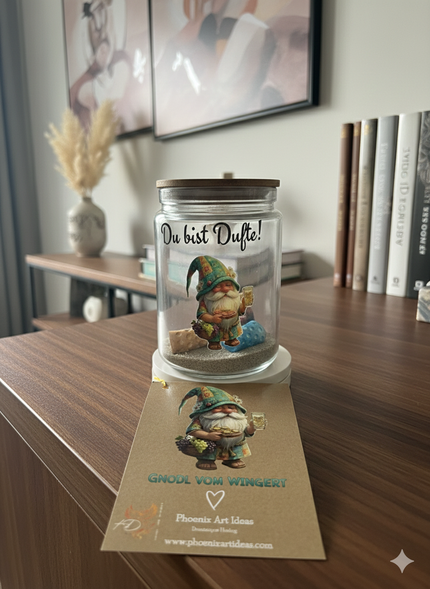 Zylindrisches Duftglas mit dem Motiv „Gnodl vom Wingert“ neben einer passenden Produktkarte von Phoenix Art Ideas. Der Pfälzer Dubbe Duft Wichtel als prima Geschenk