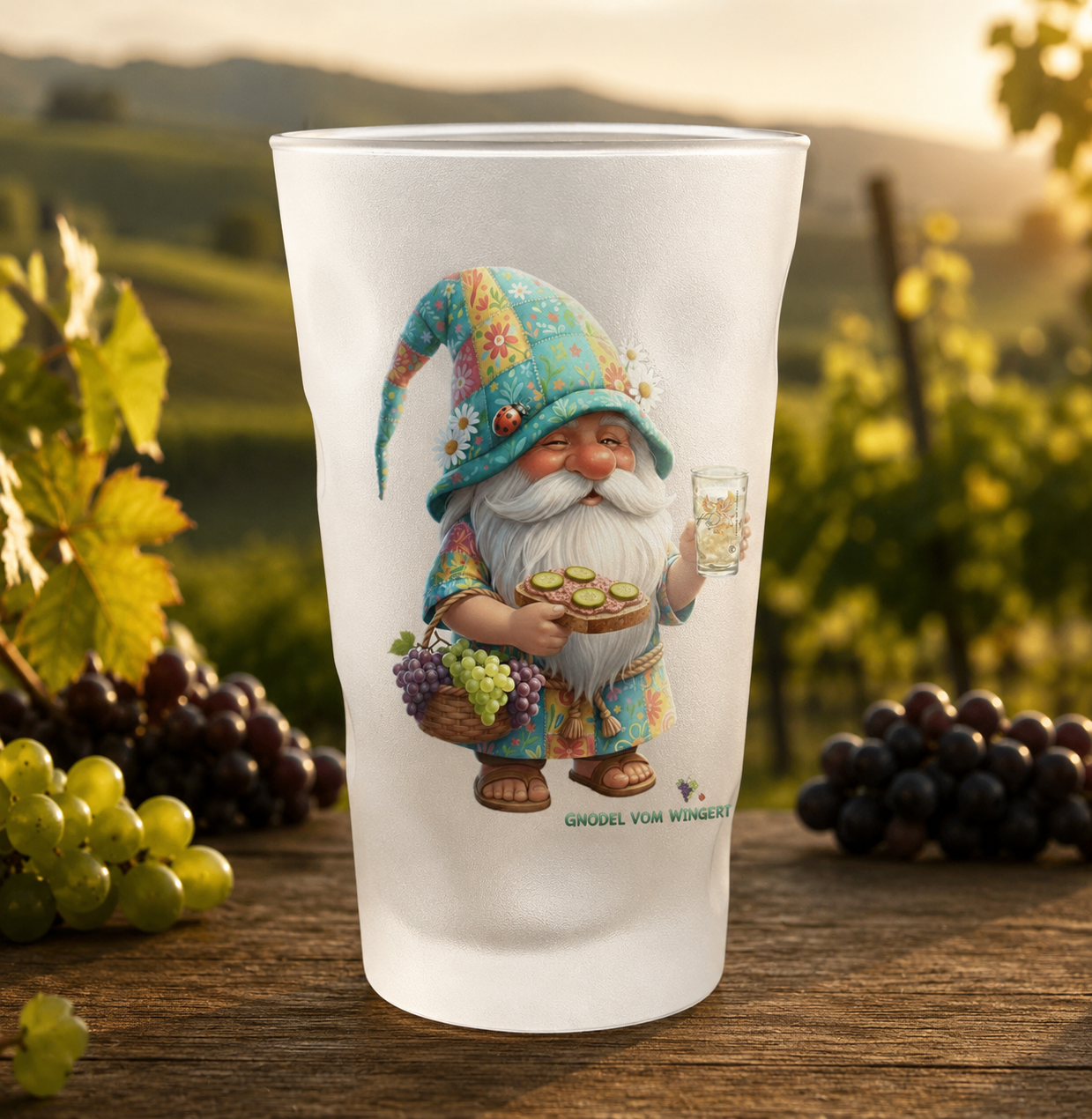 Satiniertes Dubbeglas mit Pfälzer-Dubbe-Wichtel Gnodel vom Wingert™ Motiv Riesling