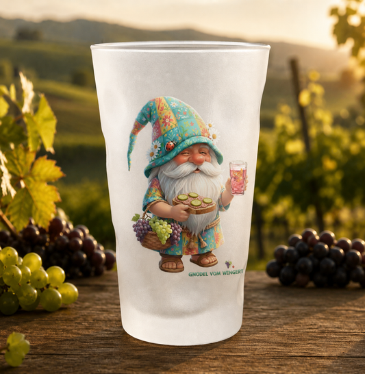 Satiniertes Dubbeglas mit Pfälzer-Dubbe-Wichtel Gnodel vom Wingert™ Motiv Weißherbst