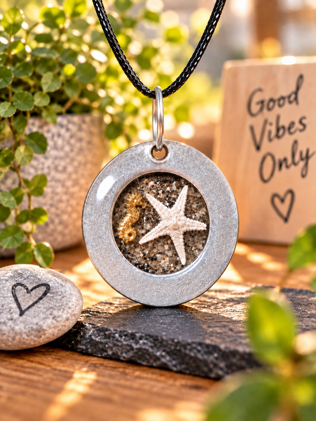 Seestern-Anhänger – Lovely Washer Schmuck Anhänger mit Seepferdchen und Meersand in Epoxidharz