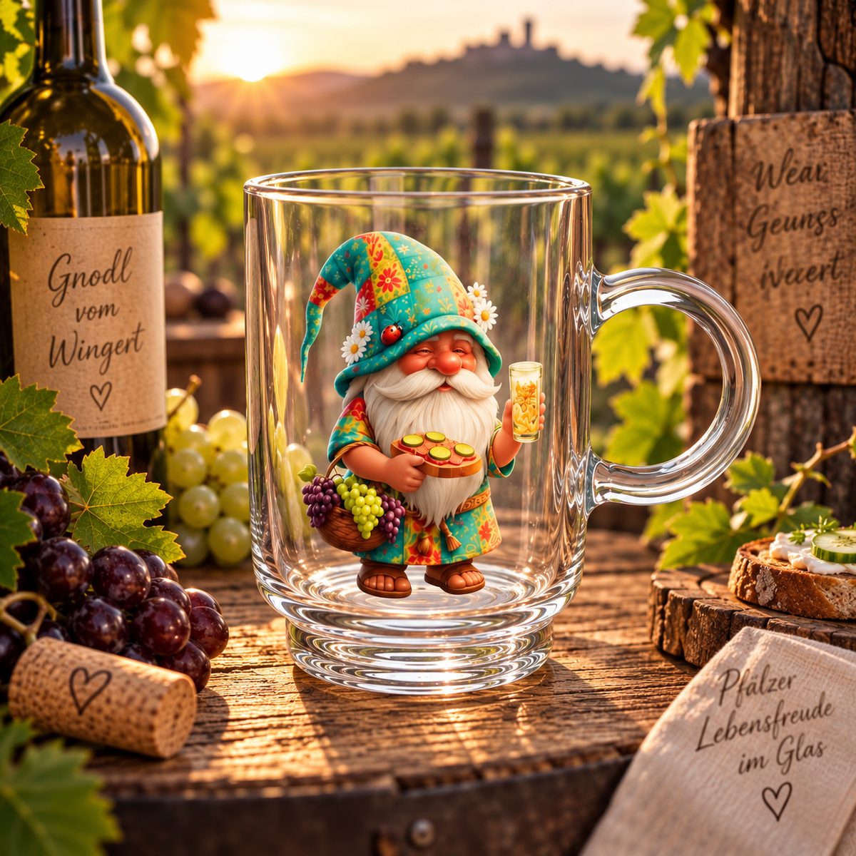 Eine gläserne Tasse mit dem Motiv "Gnodel vom Wingert" – ein Pfälzer Dubbe Wichtel mit buntem Blumenhut, Weintrauben und Vesperbrettchen. Die Tasse ist mit einem goldgelben Weißwein gefüllt und steht vor einer Weinberg-Kulisse bei Sonnenuntergang.