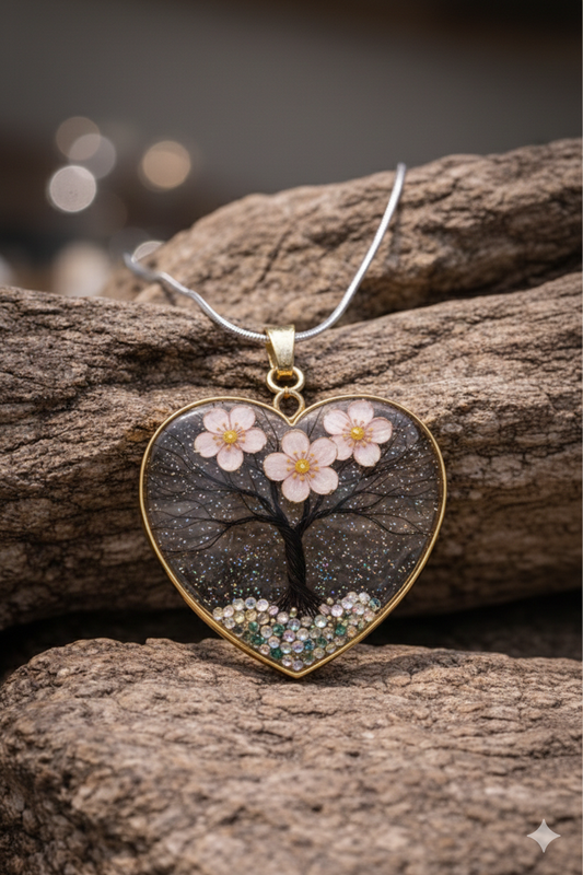 Gedenkschmuck Herz-Anhänger mit eingearbeitetem Tierhaar und zarten rosa Blüten.
