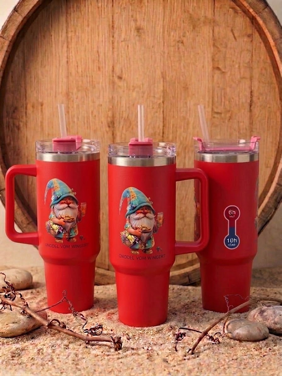 Roter 1,2 Liter Gnodel Tumbler mit Gnodel vom Wingert Motiv, doppelwandiger Edelstahl-Isolierbecher von Phoenix Art Ideas