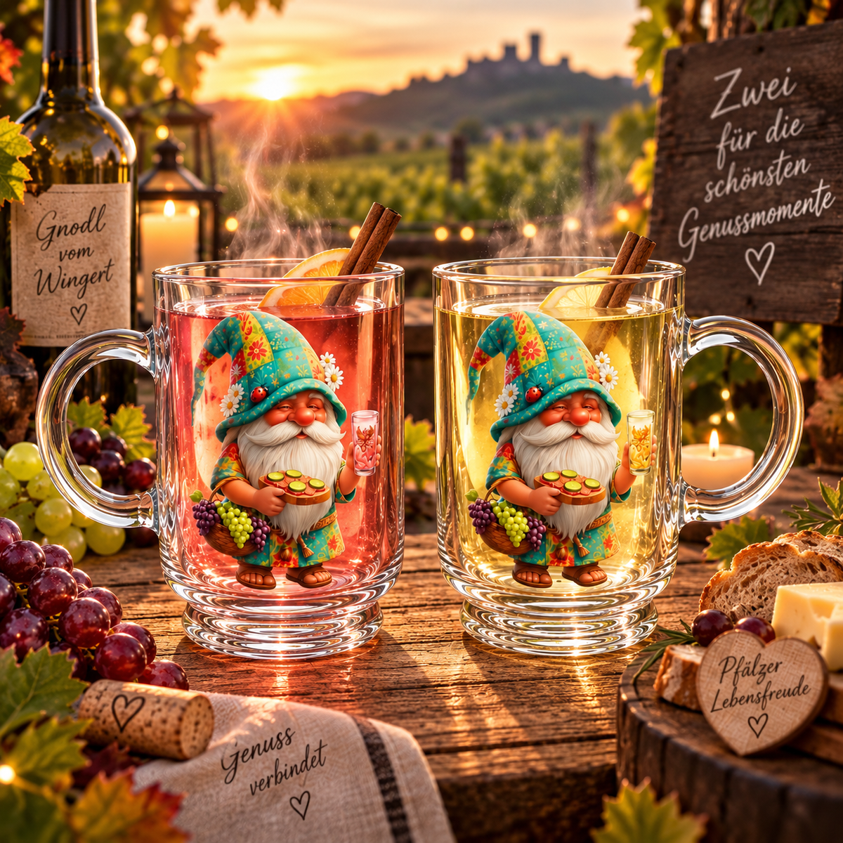 Zwei transparente Glastassen mit dem Motiv "Gnodel vom Wingert" – ein Pfälzer Dubbe Wichtel mit buntem Blumenhut, Weintrauben und Dubbeglas. Die linke Tasse ist mit Rosé, die rechte mit Weißwein gefüllt, dekoriert mit Zimtstange und Zitronenscheibe vor einer Weinberg-Kulisse bei Sonnenuntergang.