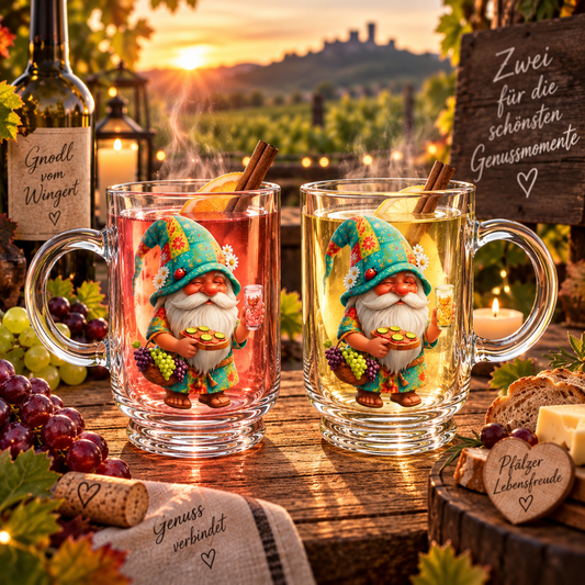 Zwei transparente Glastassen mit dem Motiv "Gnodel vom Wingert" – ein Pfälzer Dubbe Wichtel mit buntem Blumenhut, Weintrauben und Dubbeglas. Die linke Tasse ist mit Rosé, die rechte mit Weißwein gefüllt, dekoriert mit Zimtstange und Zitronenscheibe vor einer Weinberg-Kulisse bei Sonnenuntergang.